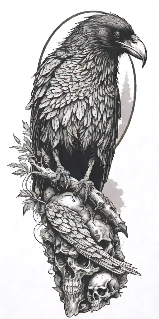 Raven Sitting On Top A Mound Of Skulls