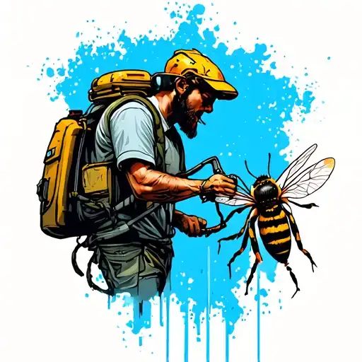 Guy With Backpack Sprayer Trying To Kill Aggressive Bees And Bugs