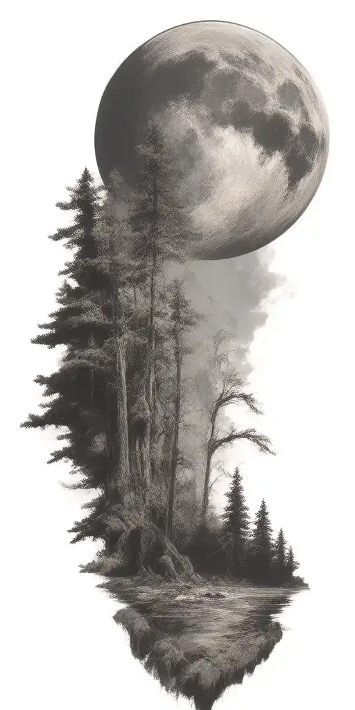 Massive Forest Landscape With Small Moon In The Background