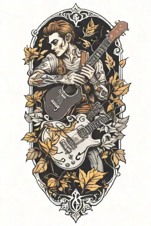 A Realistic Portrait Of A Favorite Video Game Character Playing A Guitar Surrounded By Leafs