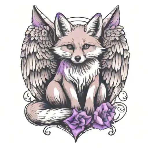 Small Fox Sitting With Angel Wings Wrapped Evenly With Purple Butterfly