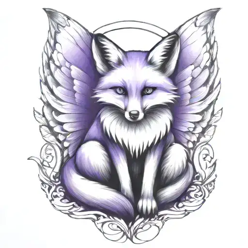 Small Fox Sitting With Angel Wings Wrapped Evenly With Purple Butterfly