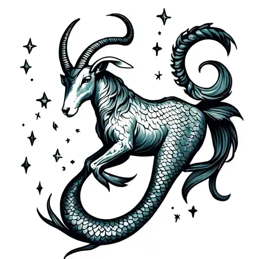 Capricorn Sign With A Goat That Has A Mermaid Tail Surrounded By Stars