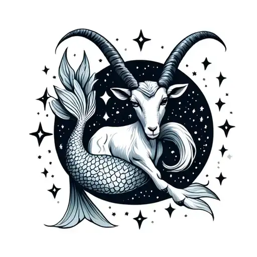 Capricorn Sign With A Goat That Has A Mermaid Tail Surrounded By Stars