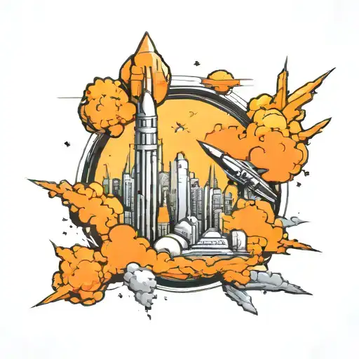 A Futuristic Cityscape On A Distant Planet With Rockets Taking Off In The Background