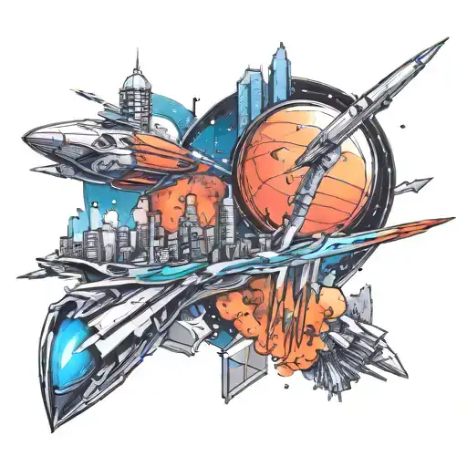 A Futuristic Cityscape On A Distant Planet With Rockets Taking Off In The Background