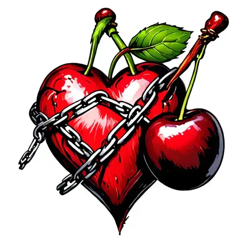 Two Cherries And Heart Organ Wrapped By Chains