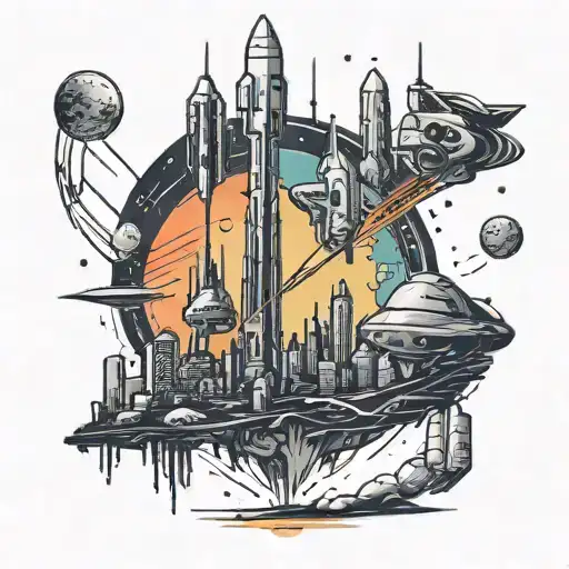 A Futuristic Cityscape On A Distant Planet With Rockets Taking Off In The Background