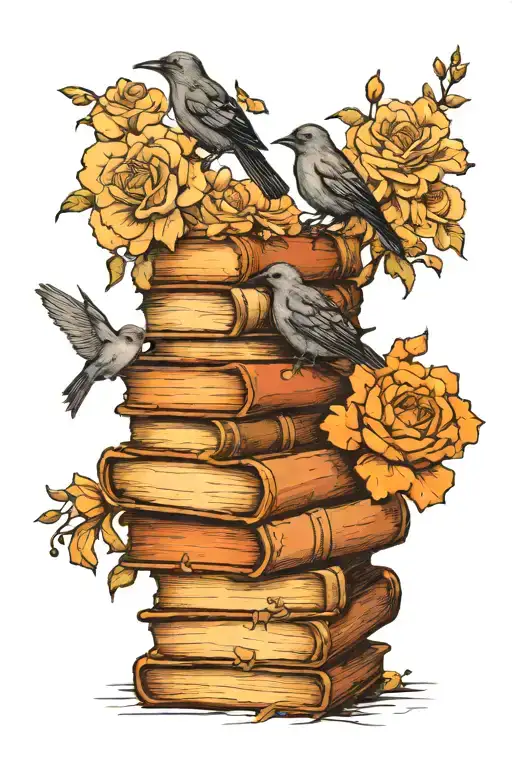 Spooky Books Surrounded By Flowers With Birds Sitting