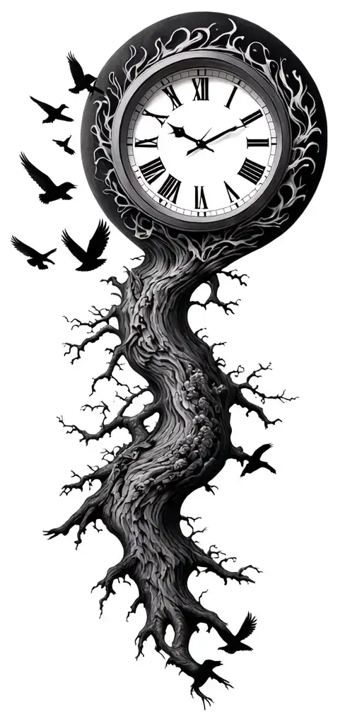 Moutains Tree Clock Birds Flying