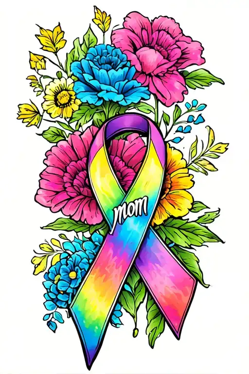 August Birth Flower And Multicolor Cancer Ribbon With The Word Mom