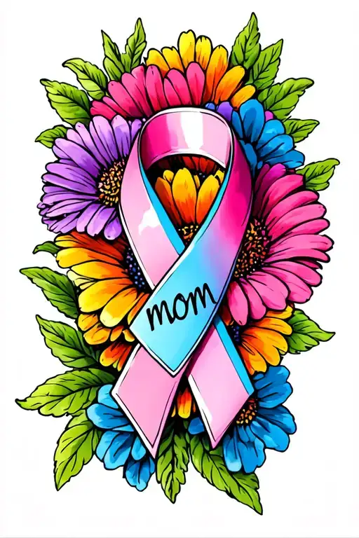 August Birth Flower And Multicolor Cancer Ribbon With The Word Mom