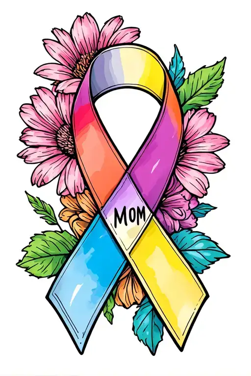 August Birth Flower And Multicolor Cancer Ribbon With The Word Mom