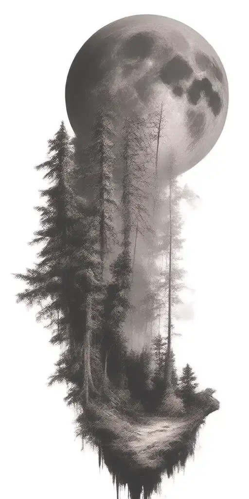 Massive Forest Landscape With Huge Moon In The Background