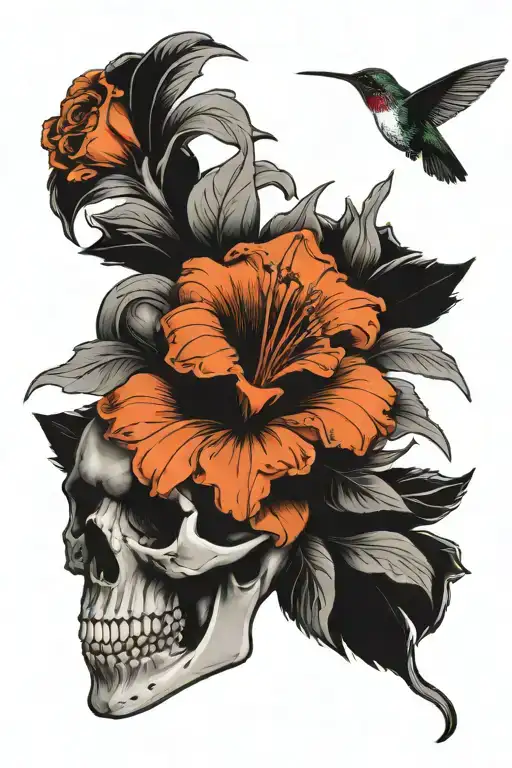 Hummingbird Tattoo Picking At A Flower Coming Out Of A Skull For Men