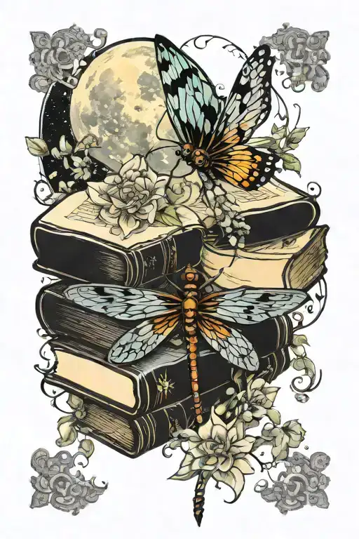 An Book Entwined With Blooming Flowers And Dragonflies Under A Full Moon