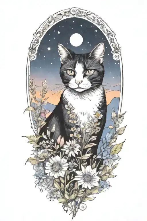 A Tuxedo Cat Exploring A Field Of Colorful Flowers Under A Starry Sky