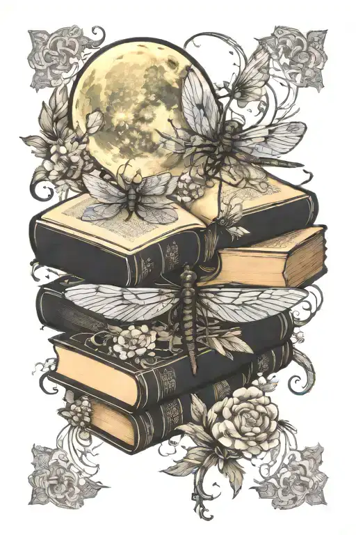An Book Entwined With Blooming Flowers And Dragonflies Under A Full Moon