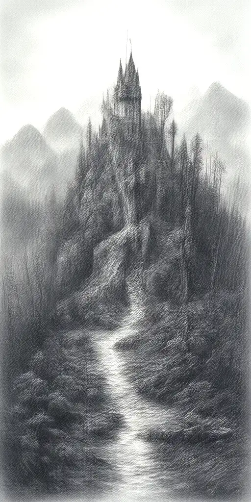 Massive Forest Steep Landscape Winding Path To The Big Gothic Castle In The Back Ground