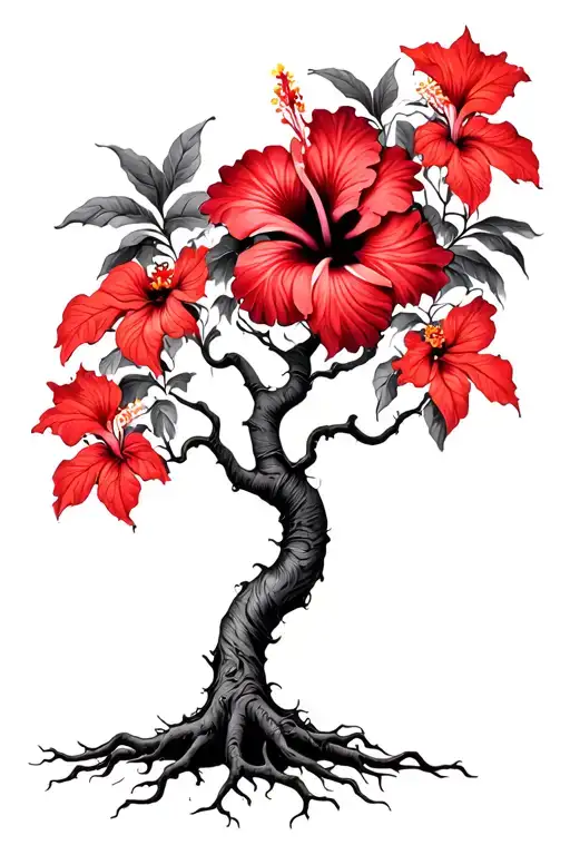 Psychedelic Hibiscus Tree With Faded Red Hibiscus Flowers And Roots