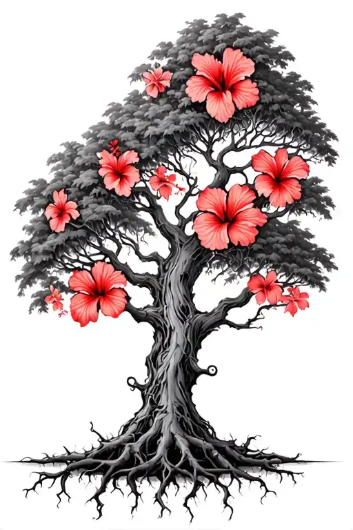 Psychedelic Gnarly Tree With Faded Light Red Hibiscus Flowers And Roots