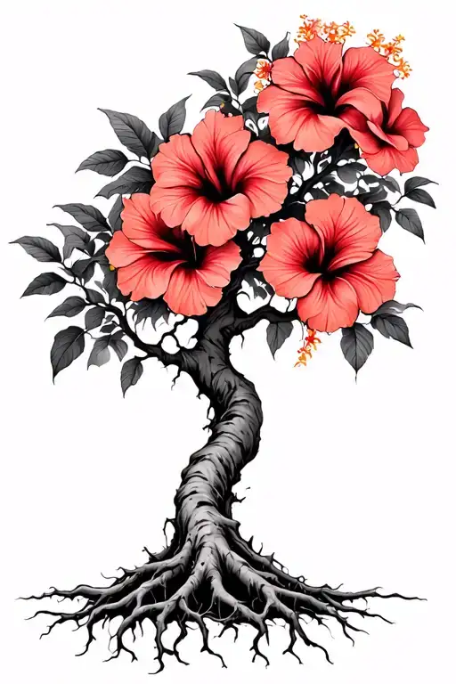 Psychedelic Minimalist Creepy Tree With Faded Light Red Hibiscus Flowers And Roots