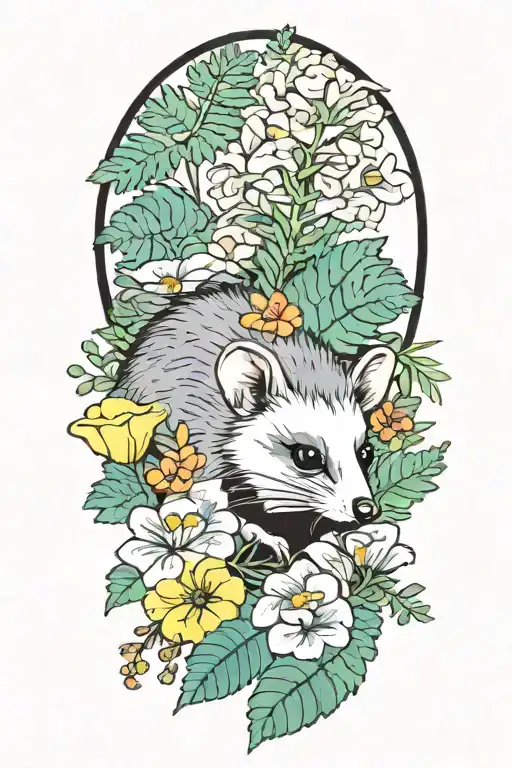 Opossum Holding Flowers Surrounded By Flowers Ferns And Mushrooms
