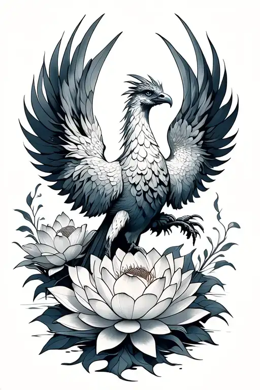 Phoenix Bird Rising Lotus Flowers