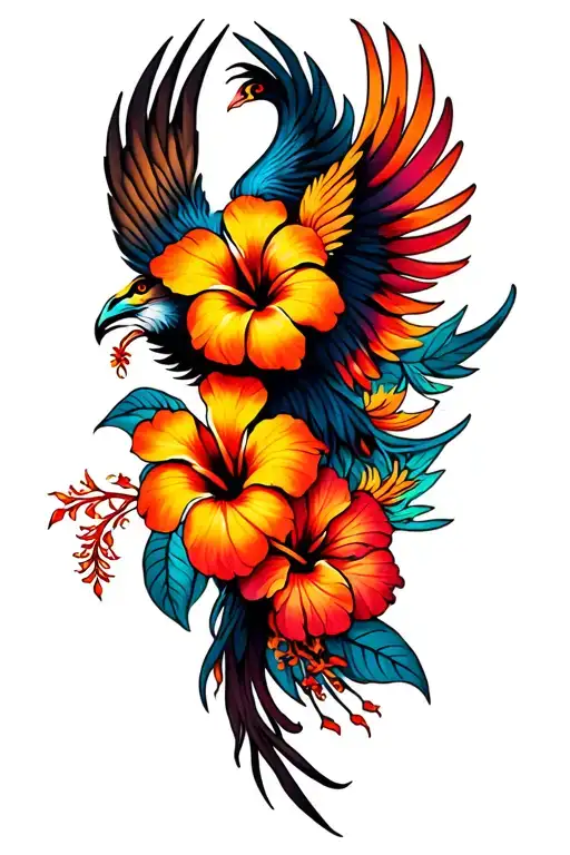 Psychedelic Hibiscus Flowers And Phoenix