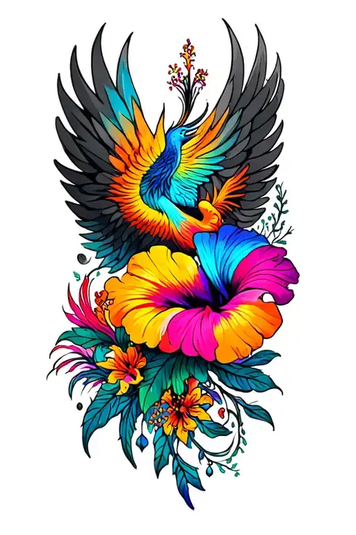 Psychedelic Hibiscus Flowers And Phoenix