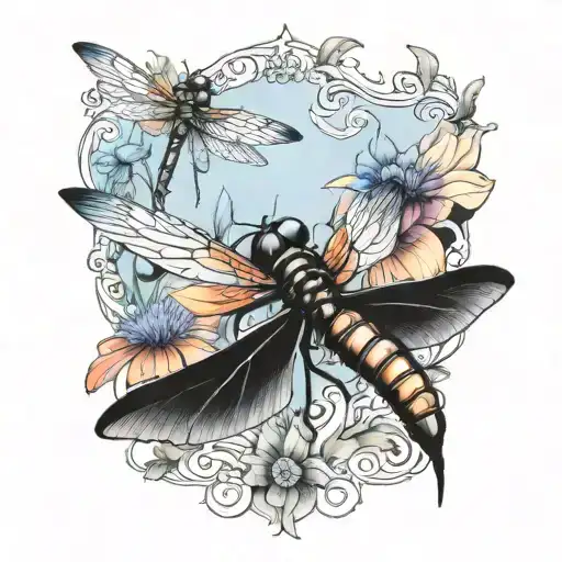 5 Dragon Flies Flying Over Cone Flowers