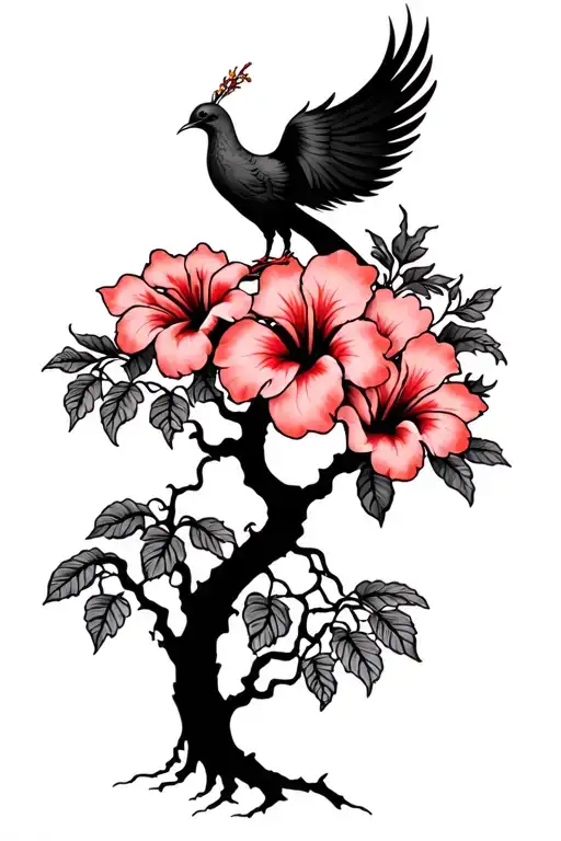 Psychedelic Hibiscus Tree And Small Phoenix Silhoette