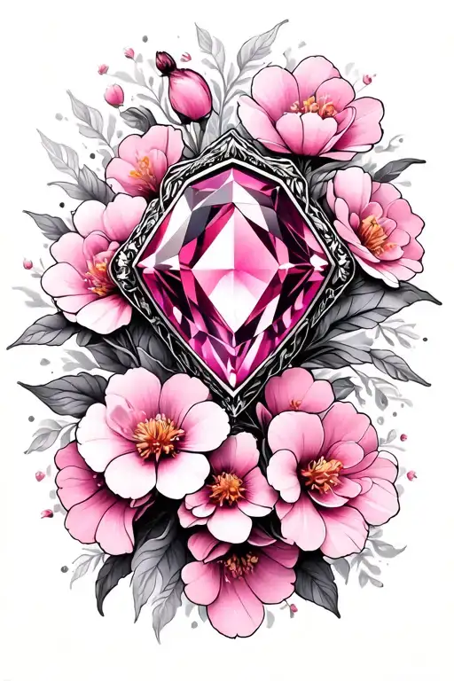 Pink Sapphire On White Gold With Pink Flowers In Background