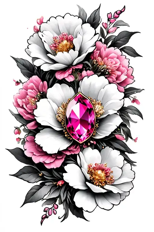 Pink Sapphire With White Gold With Pink Flowers In Background