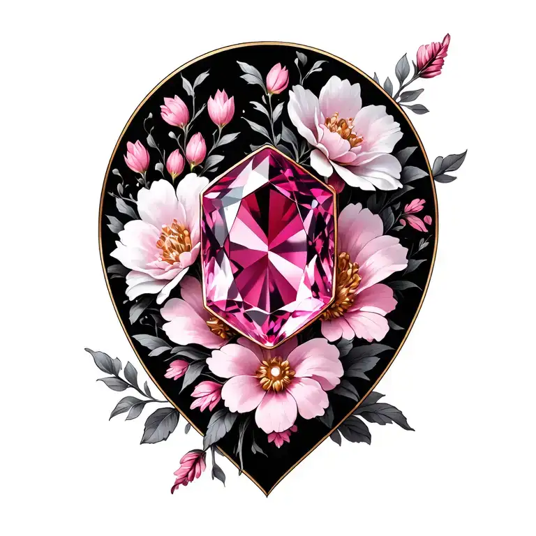 Pink Sapphire With White Gold With Pink Flowers In Background