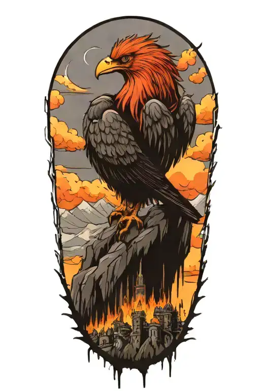 A Warhammer Inspired Tattoo Featuring A Mythical Bird Perched Atop A Mountain Fortress