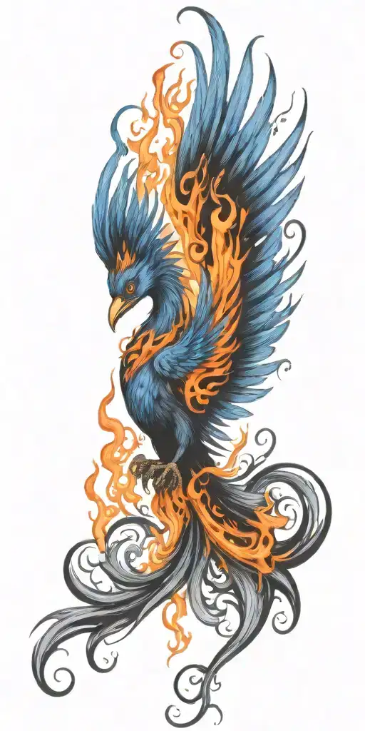 Blue Phoenix Rising From Flames Surrounding