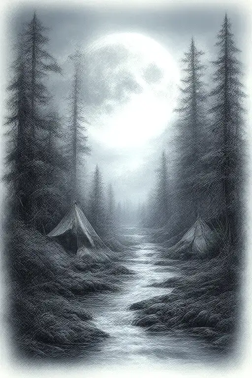 Massive Forest Landscape With Huge Moon In The Background Tent By Stream With Waterfall