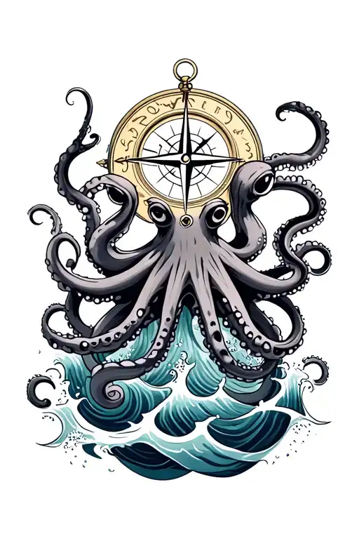 Mean Kracken Octopus In Ocean With Nautical Compass In Middle With Waves