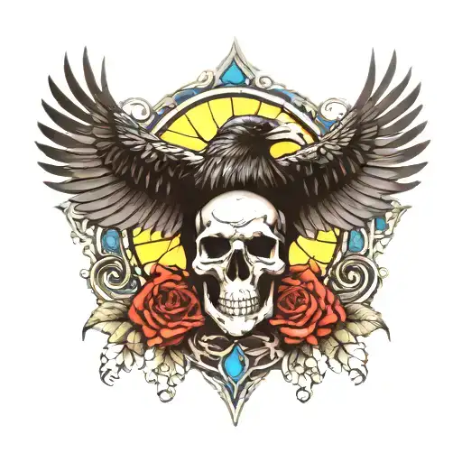 Raven On Skull With Stained Glass Background Black