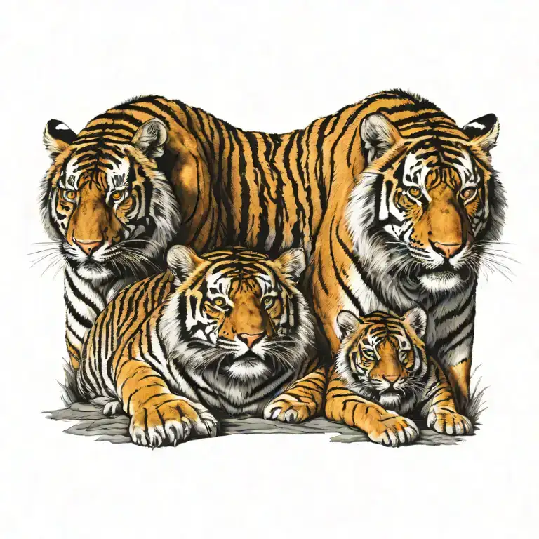 Very Realistic Tattoo With Male Tiger Next To Female Tiger With 3 Tiger Cubs Below