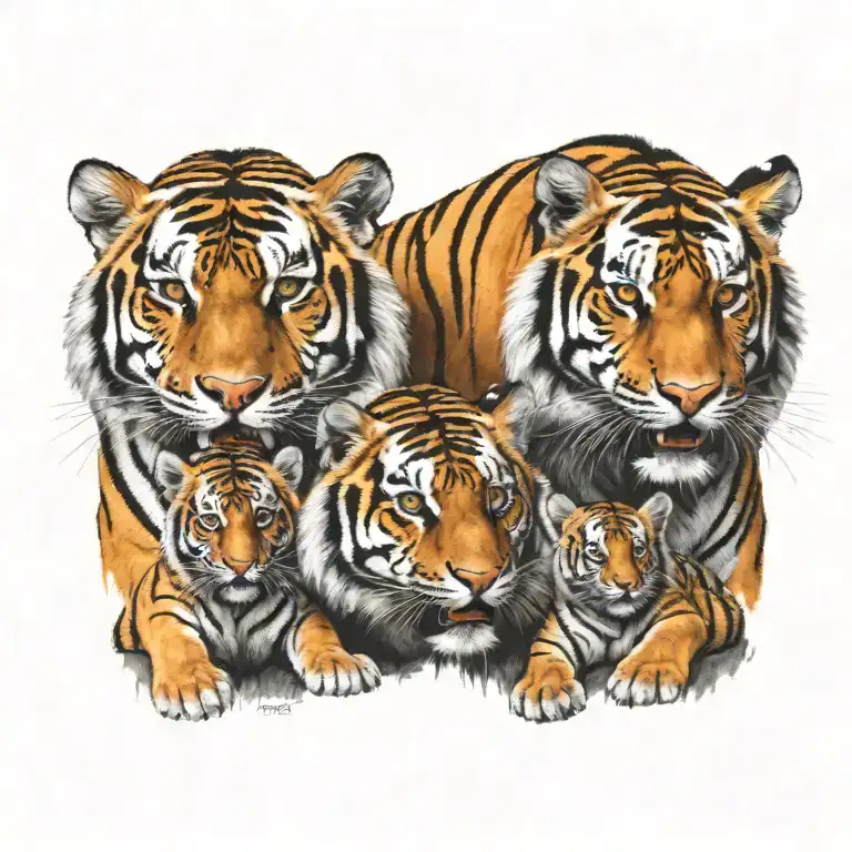 Very Realistic Tattoo With Male Tiger Next To Female Tiger With 3 Tiger Cubs Below