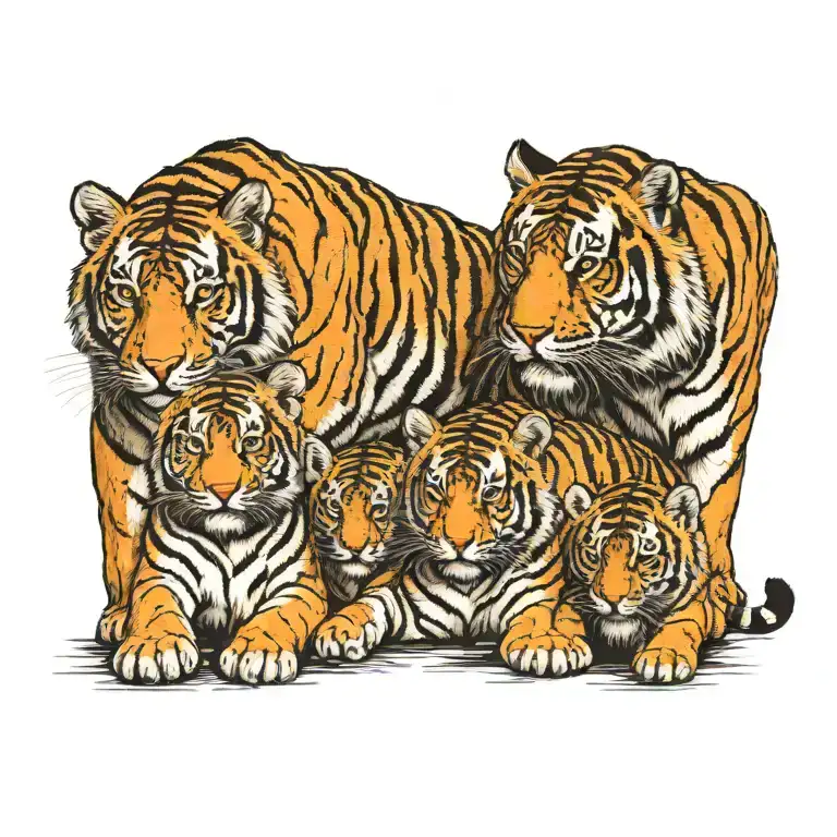 Male Tiger Next To Female Tiger With 3 Small Tiger Cubs Below