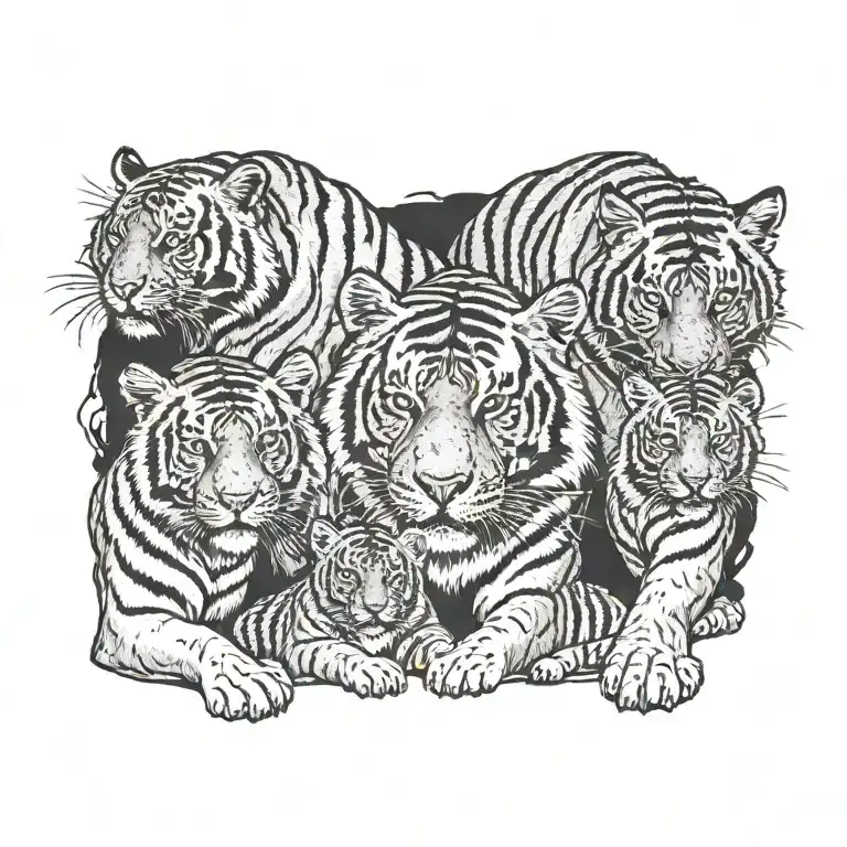 Male Tiger Next To Female Tiger With 3 Small Tiger Cubs Below
