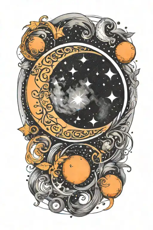 A Tattoo Of An Orange Moon With Constellations Forming Music Notes