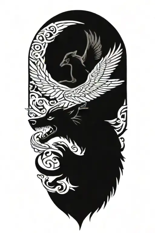 Fenrir Viking Norse Wolf Fighting Ravens Huginn And Muninn