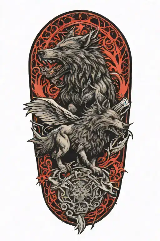 Fenrir Viking Norse Wolf Fighting Ravens Huginn And Muninn Flying