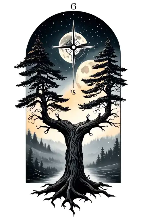 Trees Compass Moon
