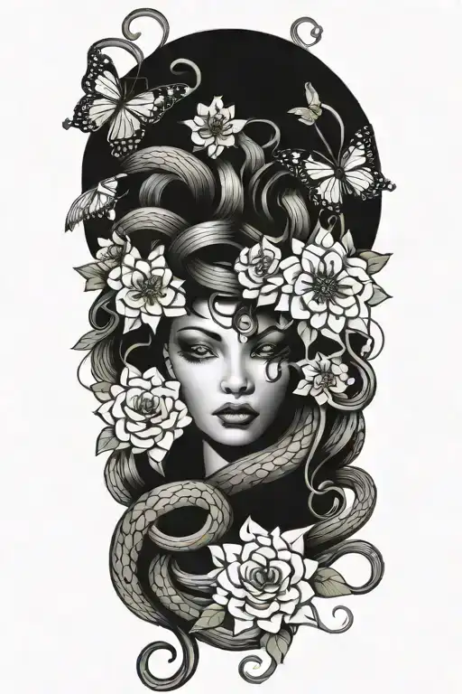 Medusa With Hair Of Snakes With Flowers Surrounding Her And Butterflies