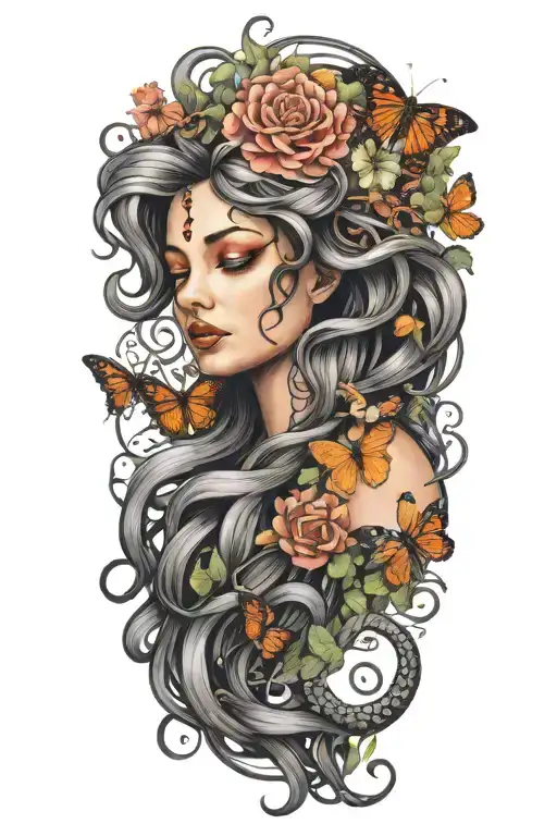 Medusa With Hair Of Snakes With Flowers Surrounding Her And Butterflies